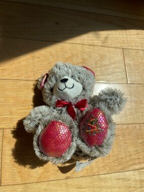 Plush Grey Teddy Bear with Red Sequin Accents